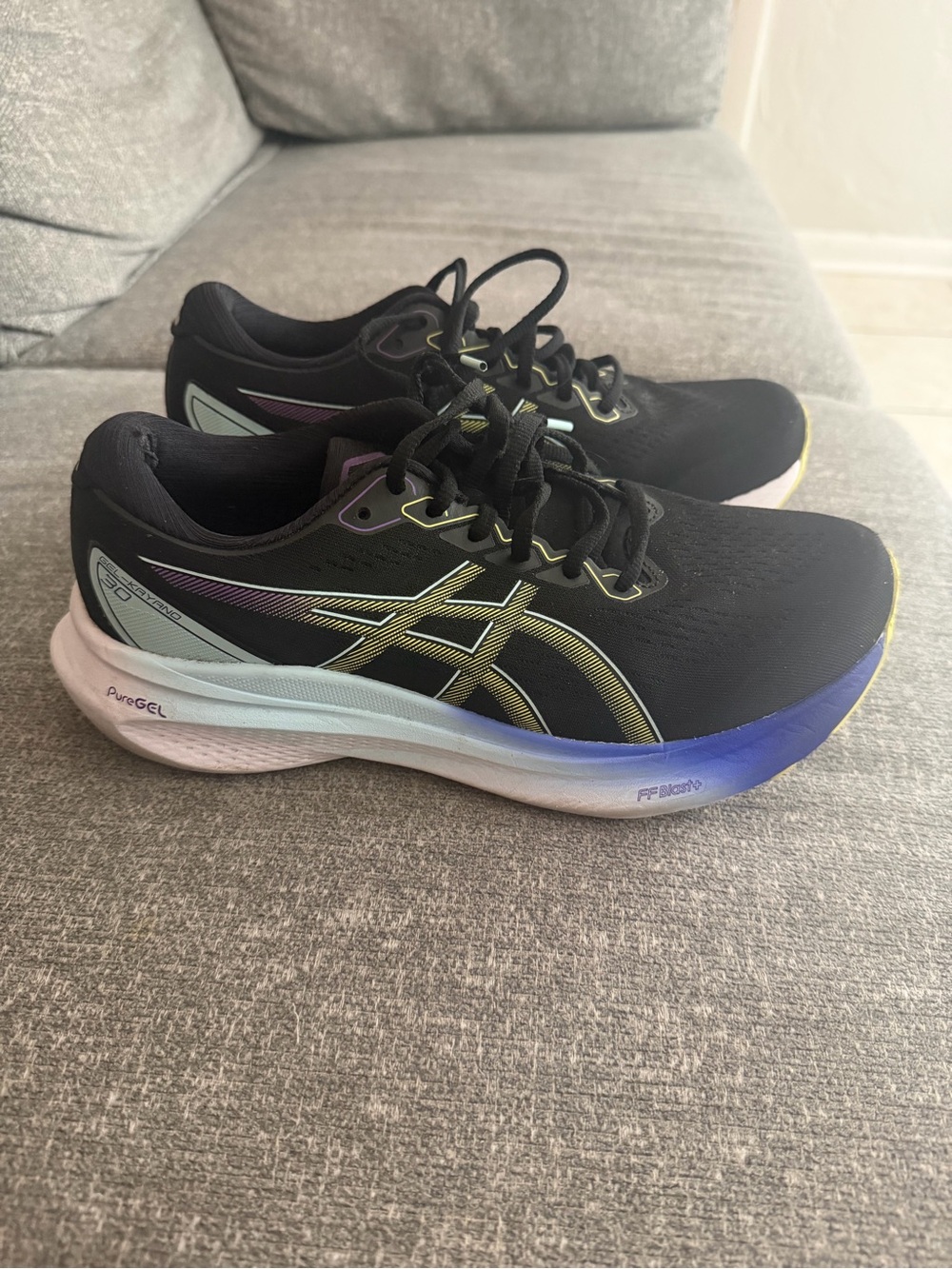 ASICS Women's Black Running Shoes with Iridescent Gold and Purple Accents 9.5